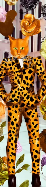 Cat bookmarks illustration of a fashionable cat in a leopard print suit